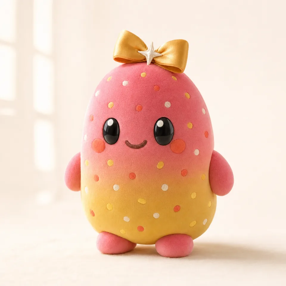 The Birthday Buddy mascot: a soft pink and gold character with a gold bow